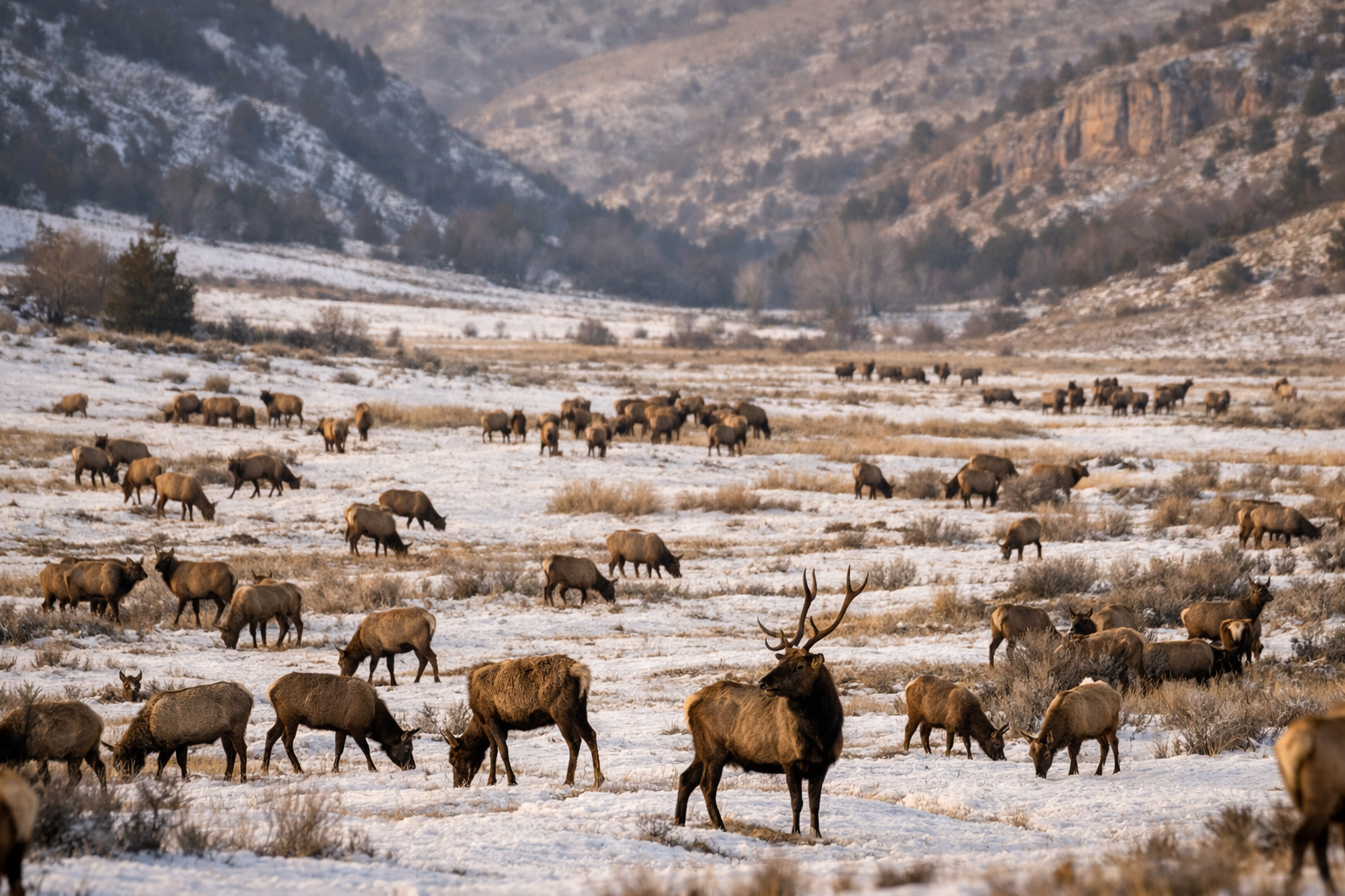 A large elk herd grazes across a snow-covered valley at Hardware Ranch, Cache County
