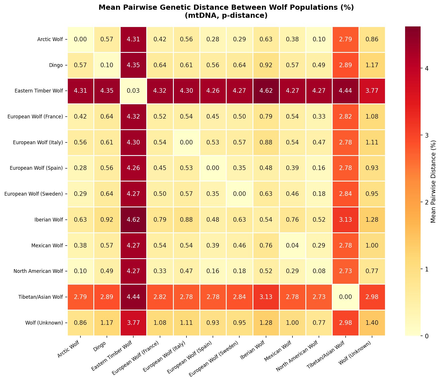 Pairwise genetic distance heatmap between wolf populations