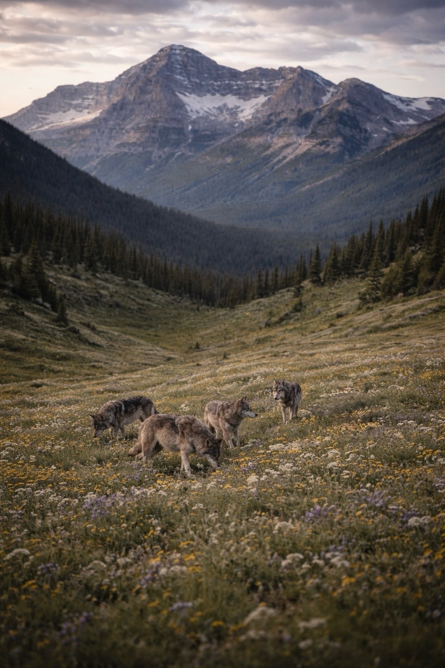 Wolf pack moving through an alpine wildflower meadow