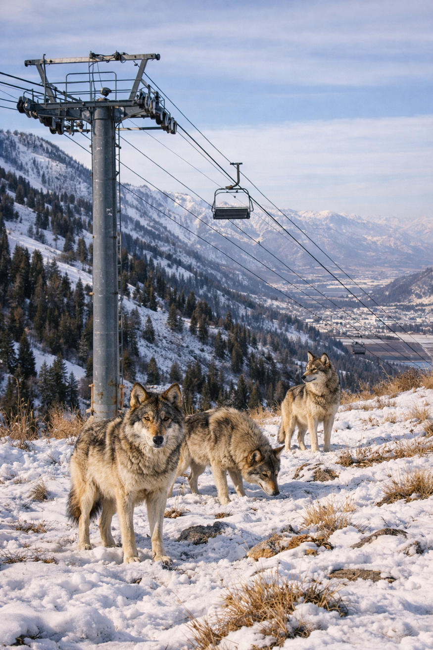 Wolf pack on a snowy mountainside