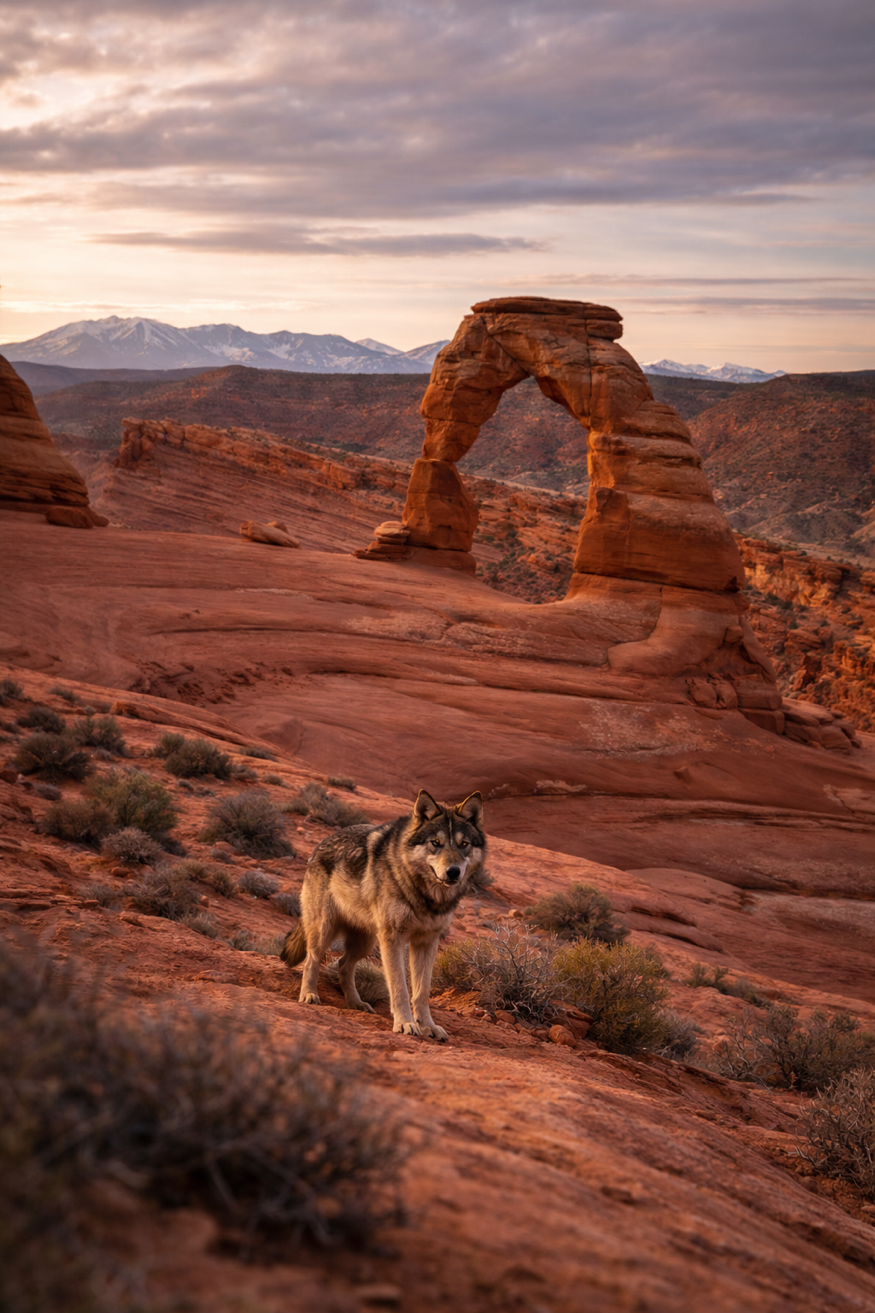Gray wolf standing before Delicate Arch at sunset, Utah